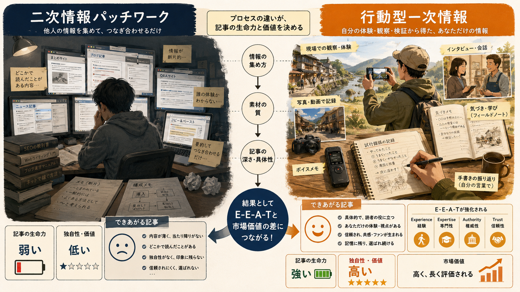 AI量産美文と不格好なへたくそ主義の対比図解