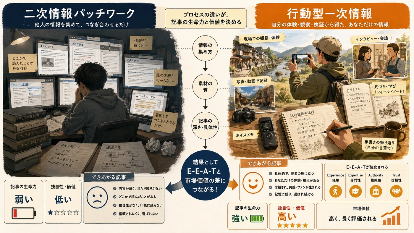 AI量産美文と不格好なへたくそ主義の対比図解