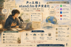 stand.fmで生の声を発信し音声資産化を進める人のイラスト