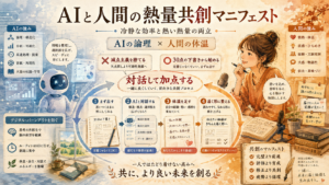 AIの冷静な効率と人間の熱い熱量を両立させる加点主義の図解
