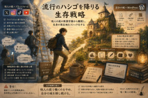 流行のハシゴを降りて自分の城を耕す人の図解イラスト