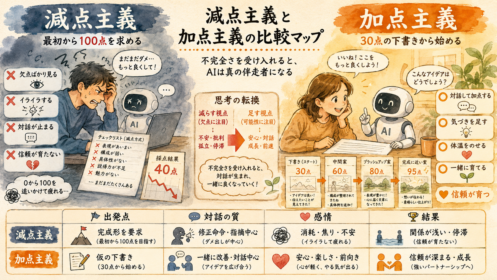AIの冷静な効率と人間の熱い熱量を両立させる加点主義の図解