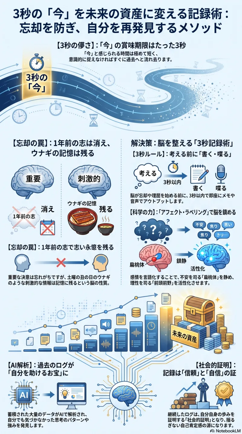 今の感情や出来事を音声と文字で記録し、未来の自分が振り返る流れを表した図