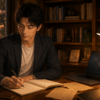 静かな書斎で画面から目を離し、ノートとペンに向き合って思考を巡らせる大山裕介のイラスト