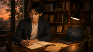 静かな書斎で画面から目を離し、ノートとペンに向き合って思考を巡らせる大山裕介のイラスト
