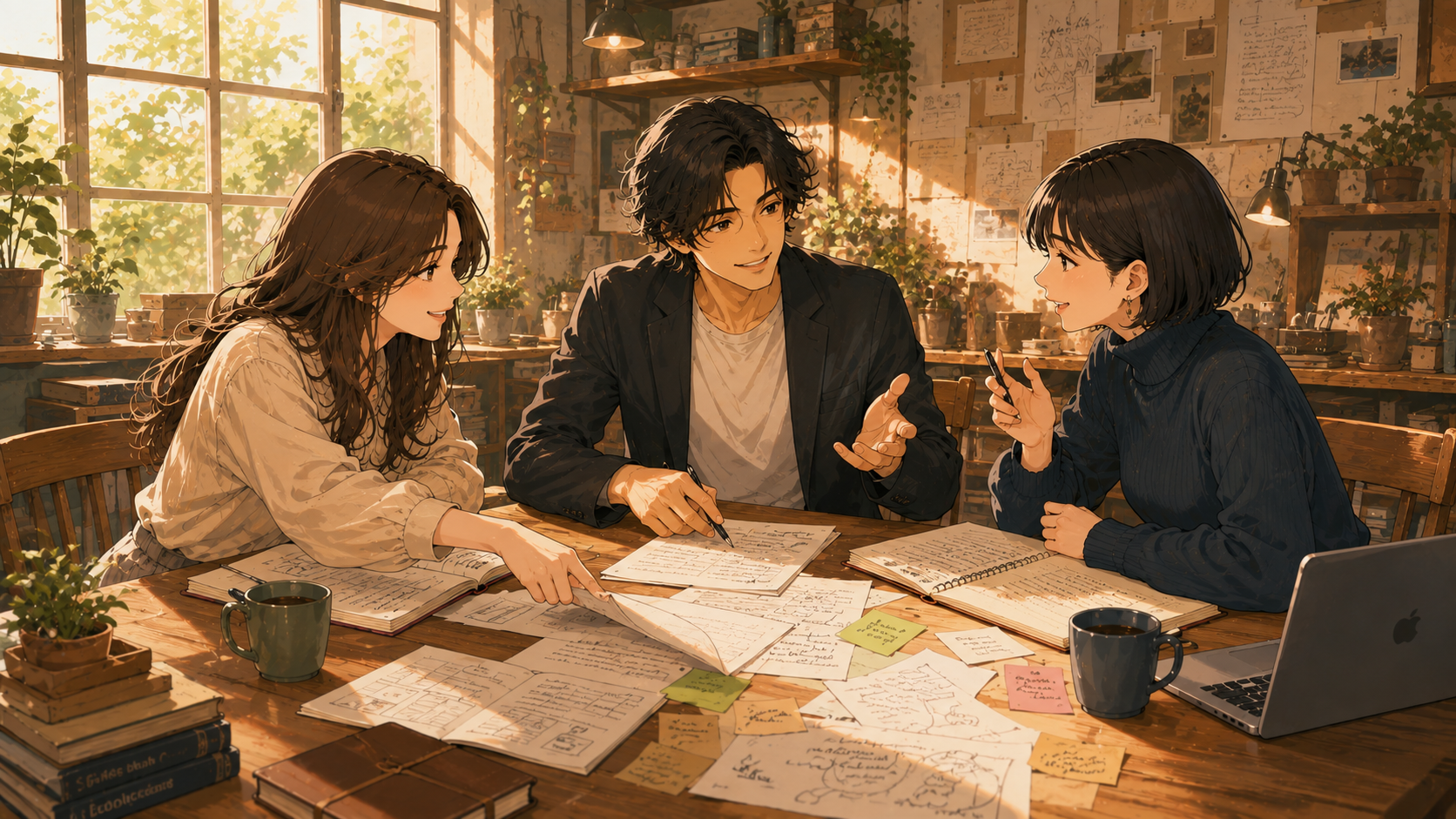 温かいアトリエで大山裕介とチームメンバーが原稿を囲み共創している風景