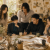 柔らかな朝の光が差し込むアトリエで、仲間たちと共に机を囲み対話しながら言葉を紡ぐチーム大山GEMの共創風景