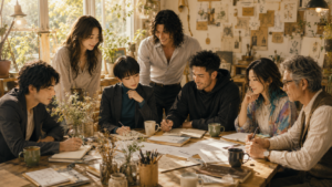 柔らかな朝の光が差し込むアトリエで、仲間たちと共に机を囲み対話しながら言葉を紡ぐチーム大山GEMの共創風景