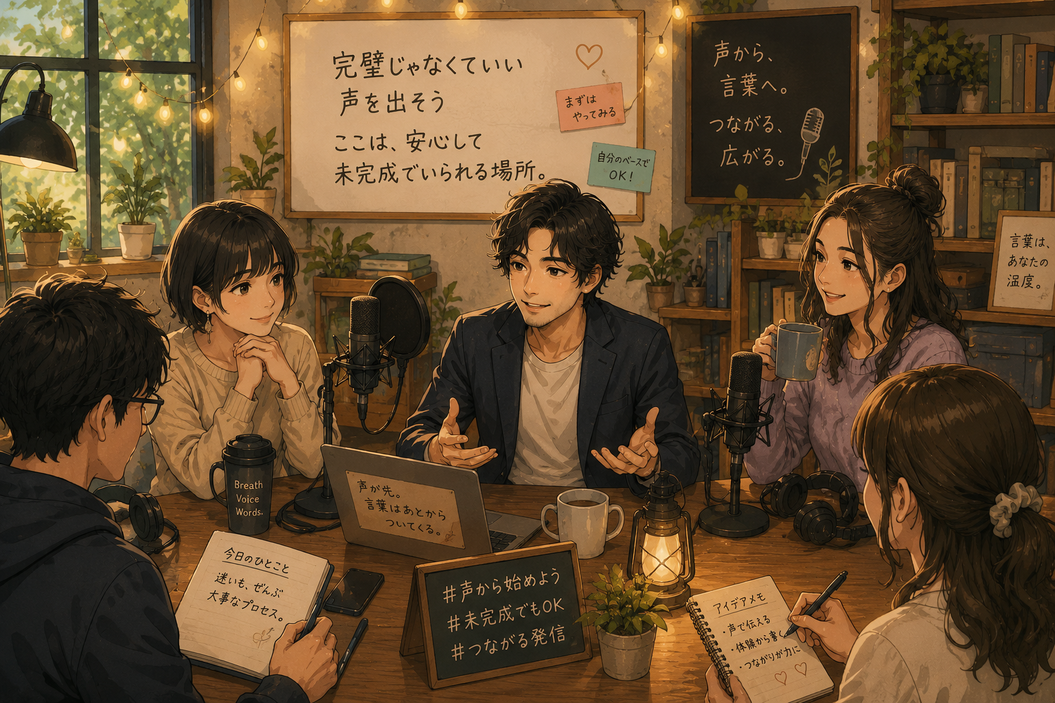 書斎でマイクに向かい、思考の迷いを言葉に変えていく大山裕介のイラスト