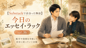 【Substackで出会った物語】今日のエッセイ・ラック vol.36。大山とアンナが書斎で向き合い、数字や役割を手放して自分に戻っていく10篇を紹介する記事のサムネイル