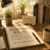 朝の光が差し込む静かなデスクと温かいコーヒー、ノート（やめる理由を手放す思考法）