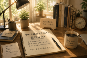 朝の光が差し込む静かなデスクと温かいコーヒー、ノート（やめる理由を手放す思考法）