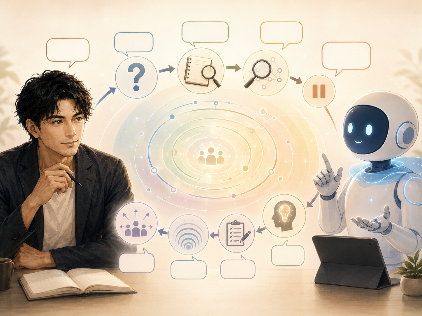 人間とAIが対話し、焦らずに理解の範囲を広げていく様子を描いた図解イメージ