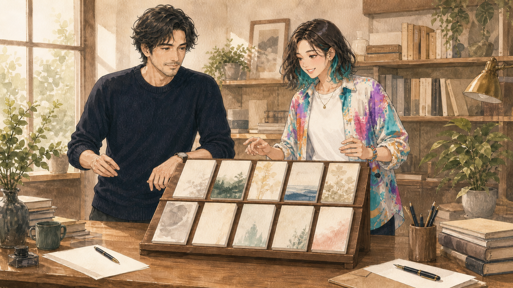Team Oyama GEMの二人がSubstackの10作品を読み、木製ラックへ並べる編集風景