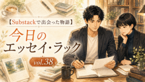 【Substackで出会った物語】今日のエッセイ・ラック vol.38。大山とアンナが書斎で原稿を見ながら、発信・休息・働き方を見直す10篇を紹介するサムネイル