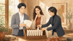 8つのエッセイを本棚に並べる大山・ストリア・ニナ