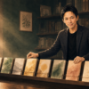大山が朝の書庫で8篇のSubstack エッセイを木製ラックへ並べる様子