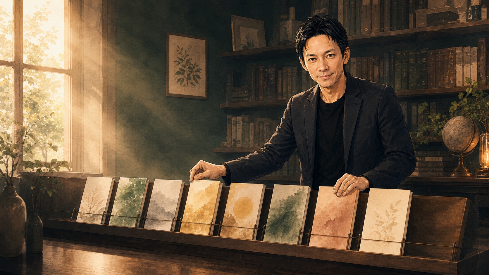 大山が朝の書庫で8篇のSubstack エッセイを木製ラックへ並べる様子