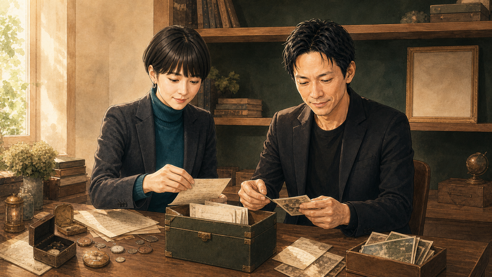 大山とアンナが手紙や思い出の品を整理して棚に余白をつくる様子