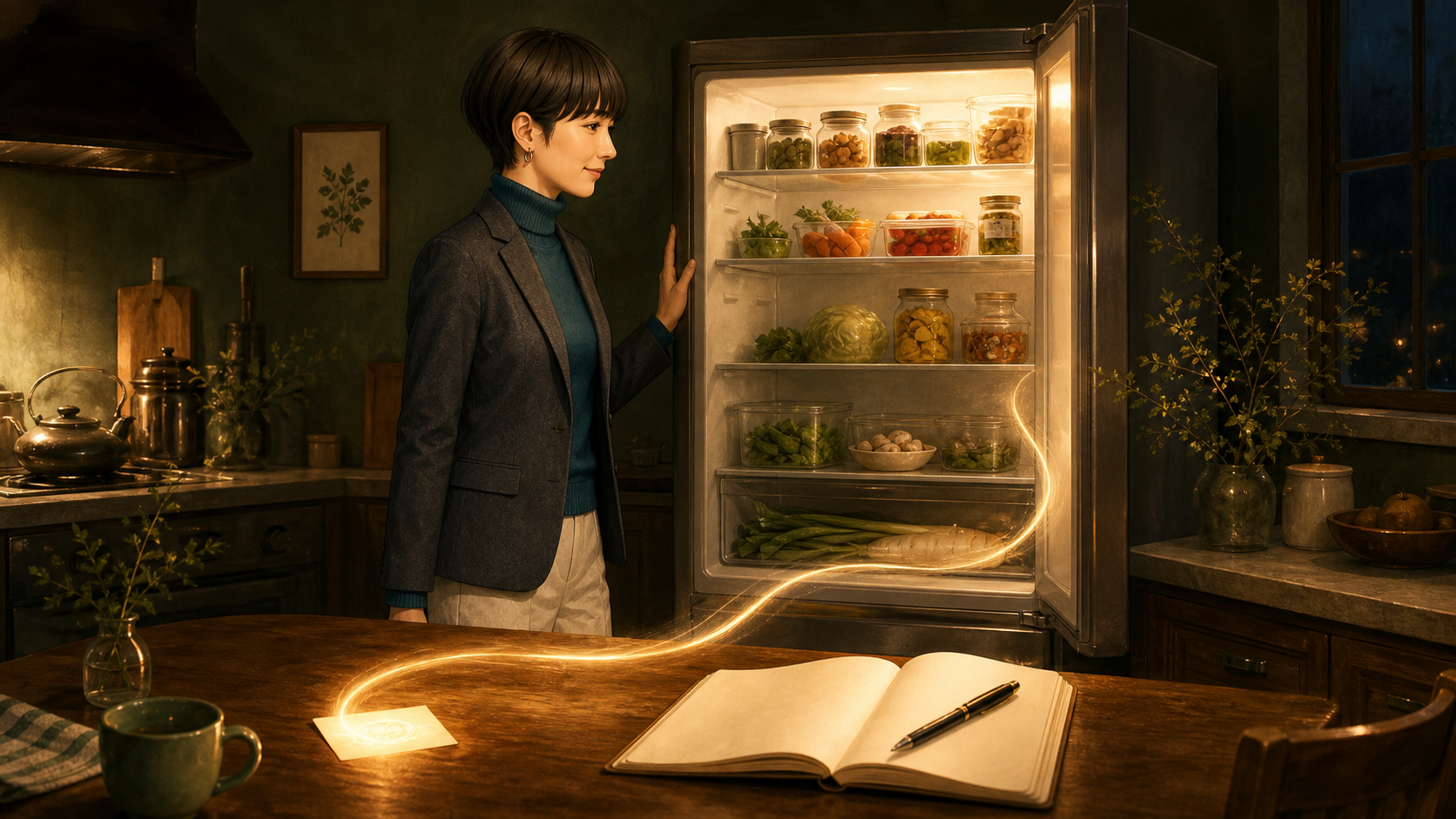 アンナが一週間分の食材を眺め、光の筋がカードからノートへ続くキッチン