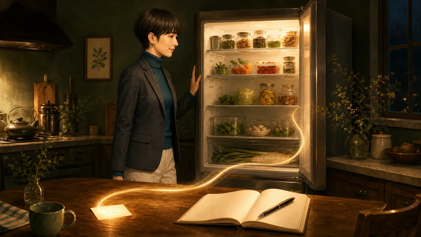 アンナが一週間分の食材を眺め、光の筋がカードからノートへ続くキッチン