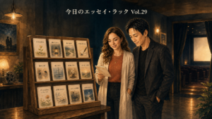 Substack エッセイ12選の物語カードが並ぶ映画館で、大山とストリアがラックを眺める