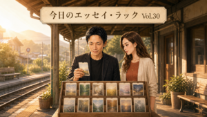 Substack エッセイ12選の物語カードが旅の切符のように並ぶ駅で、大山とストリアが一枚を選ぶ