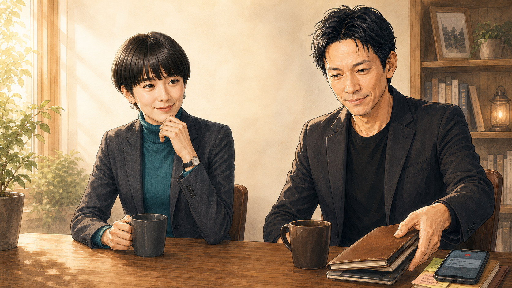 通知とタスクを閉じ、温かい飲み物とともに身体の声へ耳を澄ます大山とアンナ