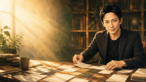 朝の書斎で会話カードとメモを静かに整理する大山