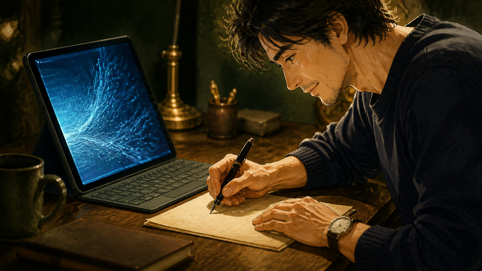 Substack エッセイの下書きへ万年筆で最後の一文を加える手元