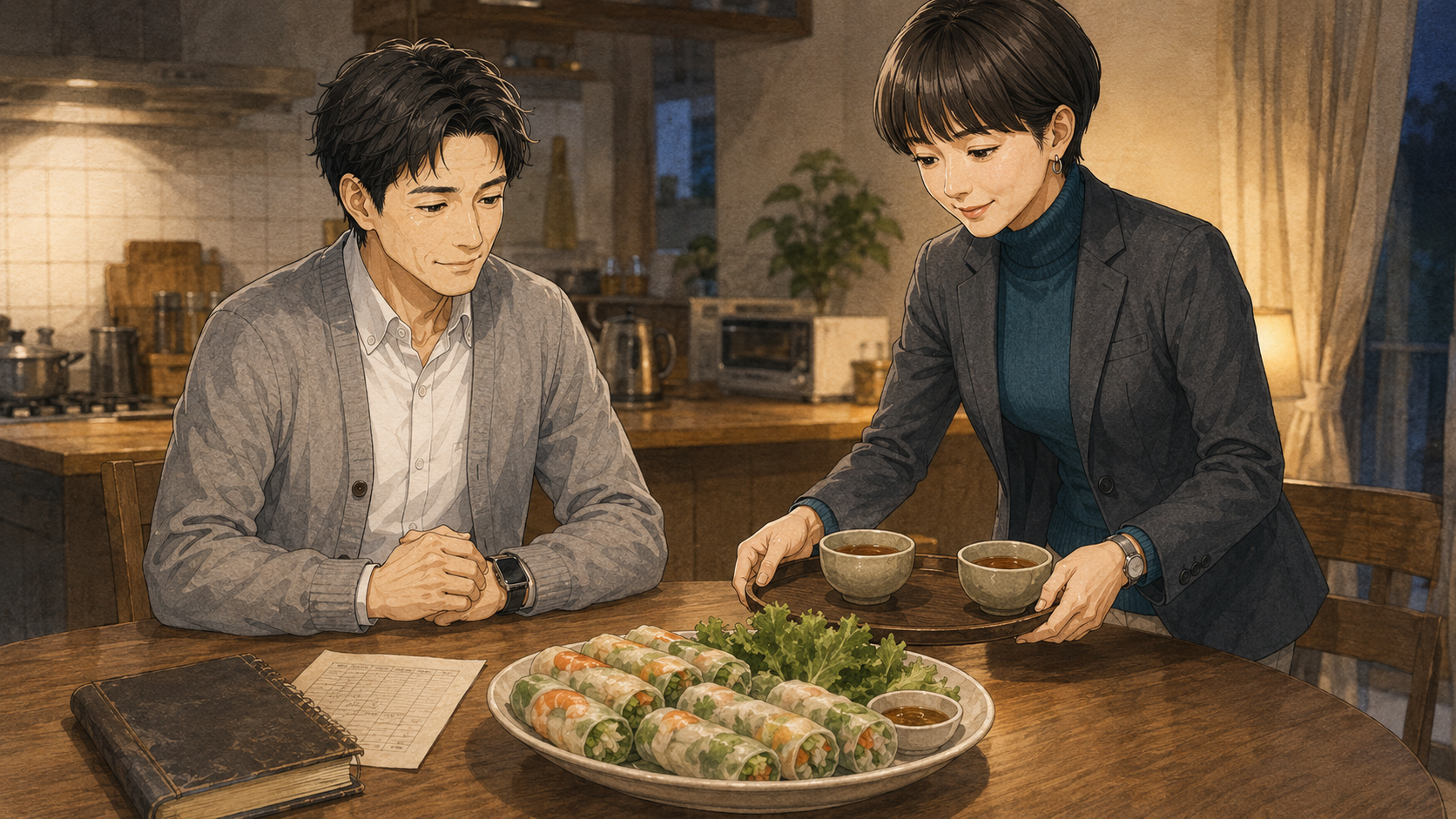 大山とアンナが食卓に残る家族の記憶を静かに見つめる様子