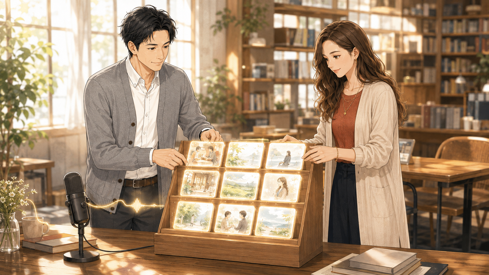 大山とストリアが9つの物語をエッセイ・ラックへ並べる様子