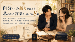 温かな書斎で向き合う大山とストリアのそばに、Substackおすすめ8篇の原稿が並ぶエッセイラックのサムネイル