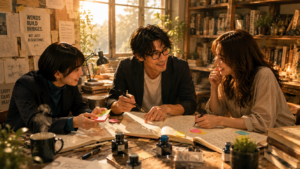 温かなアトリエで手書きのノートを囲み、楽しそうに対話しながら言葉を紡ぐ大山裕介とチームの共創風景