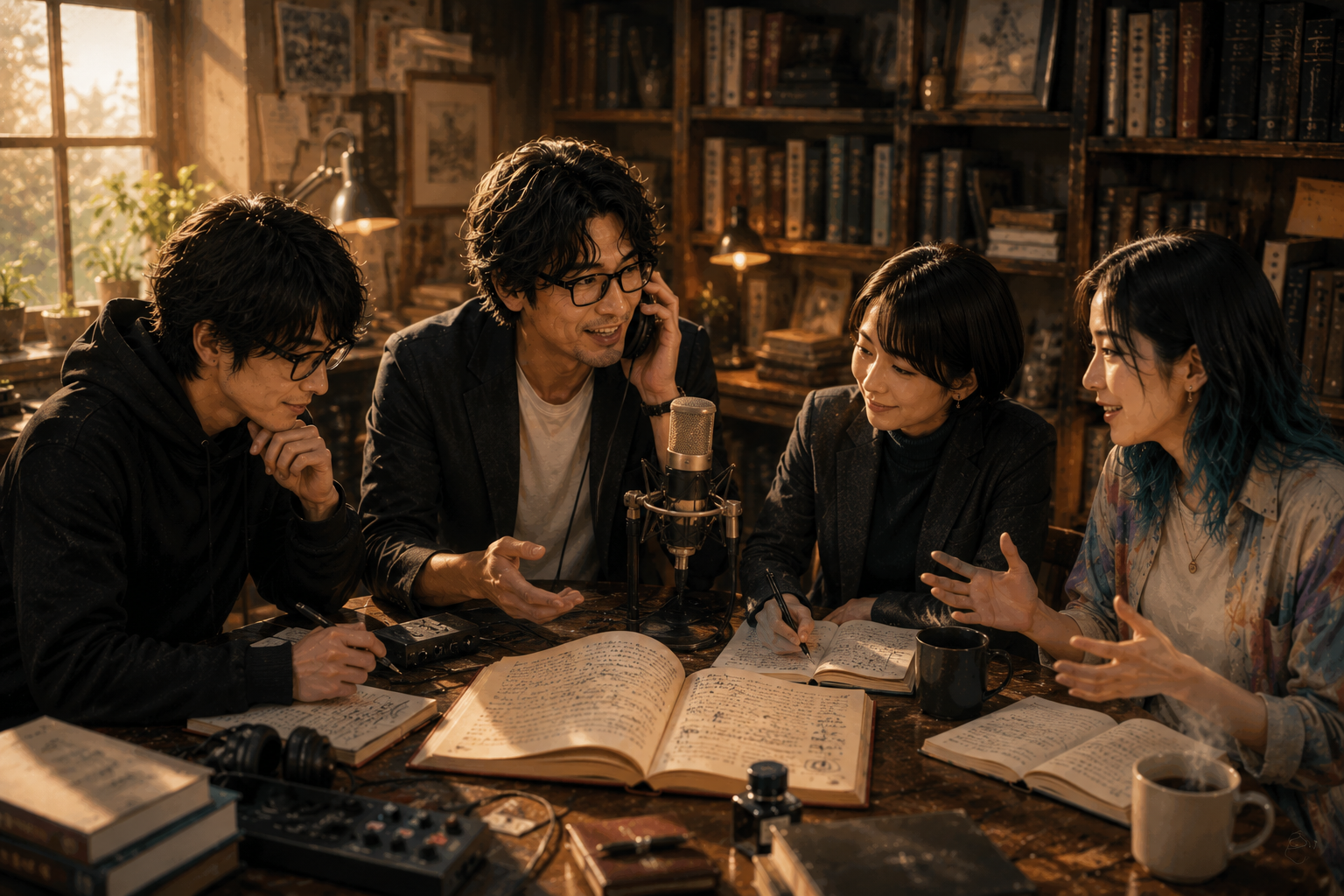 テーブルの上で手書きのノートと言葉を交わしながら文章を紡ぐ大山とチームの仲間たち