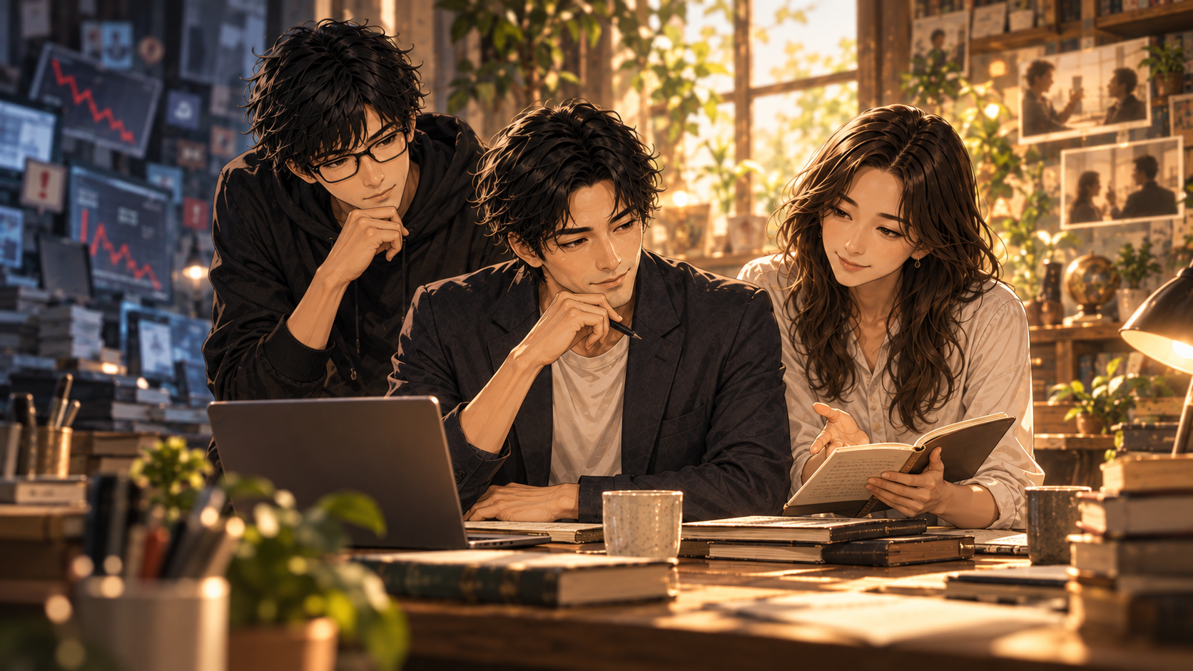 発信データの分析ノートを前に、言葉の信用と進むべき方向を静かに話し合う大山とチームメンバー