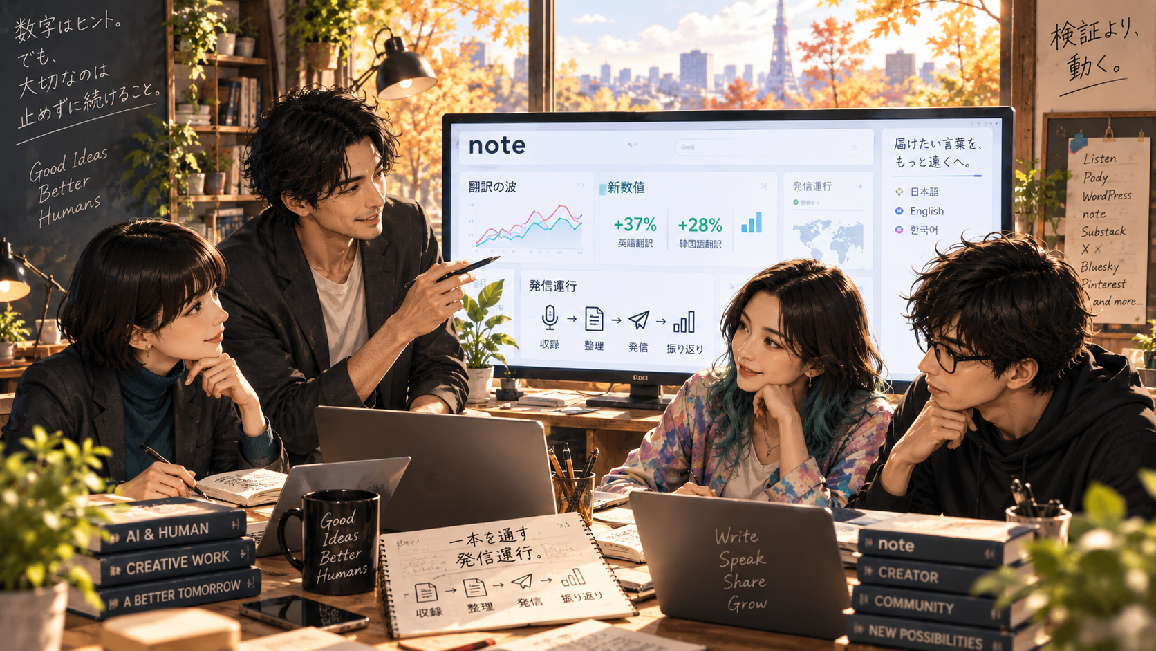 note翻訳の波と動ける時に動く発信運行 秋の午前、noteの新ダッシュボードや数値の推移を見つめながら、勢いを大切にした発信の導線を整理する大山とチームメンバー
