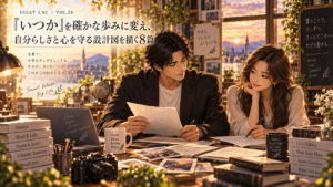 夕暮れの書斎で原稿を広げて対話する大山とストリア。ESSAY LAC / VOL.58「『いつか』を確かな歩みに変え、自分らしさと心を守る設計図を描く8篇」のアイキャッチ画像