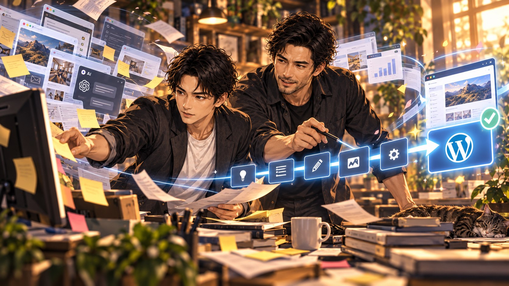 マルチタスクの罠から一本を通す発信設計 PC上の複数のタブやタスクに追われながらも、一本の導線を見据えてAIと発信を整理する大山とチームメンバー