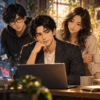 AIや分析画面に囲まれた空間で、発信の先にある信用や人とのつながりを見つめる大山とチームメンバーを描いたアイキャッチ画像