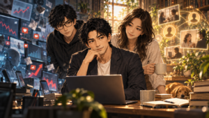 AIや分析画面に囲まれた空間で、発信の先にある信用や人とのつながりを見つめる大山とチームメンバーを描いたアイキャッチ画像