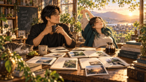 朝の光が差し込むアトリエで、心と身体の巡りを整えながら等身大の感覚を取り戻す大山とヒスイ
