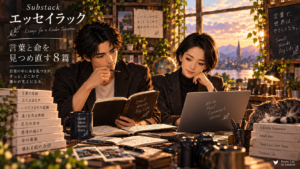 夕暮れのアトリエで、大山とニーナがSubstackエッセイを読みながら、言葉の奇跡や命の尊厳、壊れる前の合図まで8つのテーマを見つめる