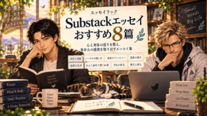夕暮れのアトリエで、大山がエッセイを読み、マーベルがPCで制作を進める。中央には「Substackエッセイ おすすめ8篇」の案内があり、本音の対話や小さな変化など、8つのテーマが並んでいる。