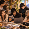 明るいアトリエで、大山を中心にアンナ、ギア、ストリア、マックスが写真や地図、PCを囲みながら、それぞれの視点でSubstackエッセイ8篇を選び、読み解いている