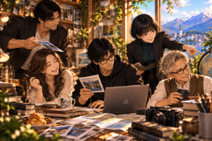 明るいアトリエで、大山を中心にアンナ、ギア、ストリア、マックスが写真や地図、PCを囲みながら、それぞれの視点でSubstackエッセイ8篇を選び、読み解いている