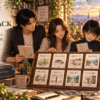 Substackで紹介する8篇のエッセイを並べた木製ラックを囲み、大山・ストリア・アンナ・ギアが言葉を読みながら語り合う夕暮れの書斎風イメージ