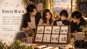 Substackで紹介する8篇のエッセイを並べた木製ラックを囲み、大山・ストリア・アンナ・ギアが言葉を読みながら語り合う夕暮れの書斎風イメージ