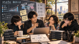 note翻訳の波と新しい数値を確認しながら、検証に留まらず発信運行を続ける大山とチーム