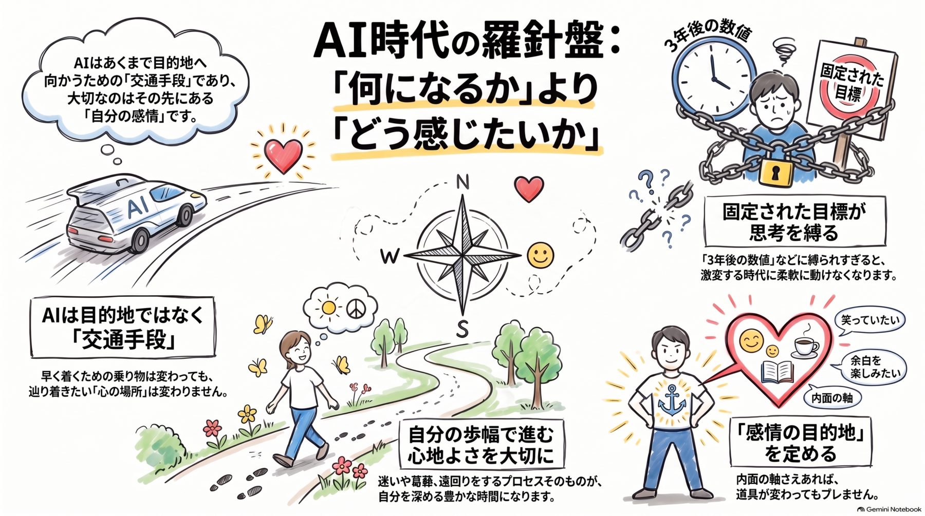 AI加速の時代に感情の目的地を見つめる発信設計 穏やかな光が差し込む部屋で、ノートを開きながら1年後の感情の目的地について語り合う大山と仲間たち